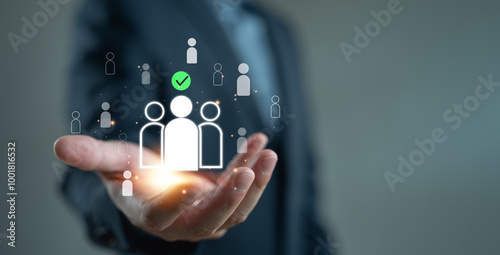 HR management concept, manager or administration of human resources within an organization, focusing on recruitment, training, conflict resolution, and fostering a productive organizational culture.
