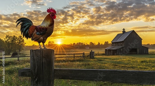A rooster crowing on a wooden fence post at sunrise, with the morning sun casting warm light over a rustic barn and sprawling farm fields