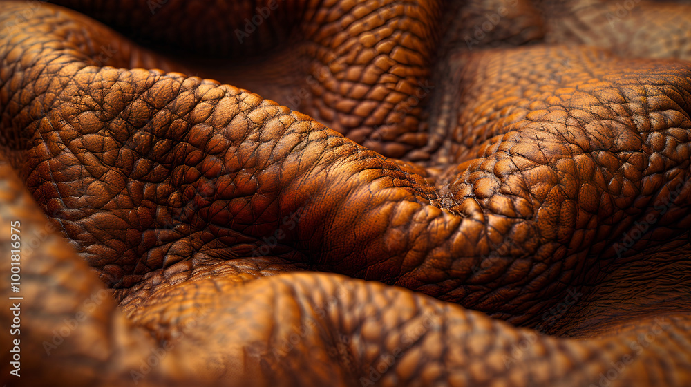 Fototapeta premium Leather texture, a close-up of an intricately textured surface of natural leather, material is rich in deep, warm brown tones, with fine, detailed creases and cracks running throughout