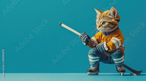 Cute cat in hockey gear posing with stick on ice skates against blue background - sport concept