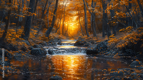A tranquil forest river bathed in the golden light of a sunset. The sun shines through the tall trees, casting long rays of warm, golden light across the forest and reflecting on the water’s surface