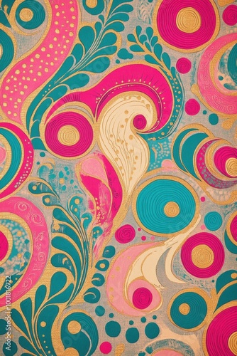 design a lively wallpaper with swirls, stripes, and dots in pink, turquoise, and gold for a playful and colorful touch