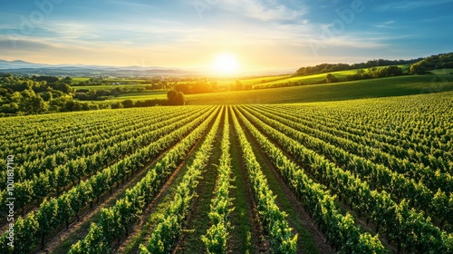 Vibrant Vineyard Landscape Under Warm Sunset Glow