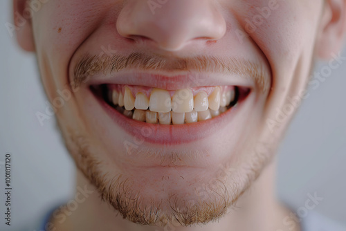 close up of smiling man mouth with natural slightly yellow teeth photo