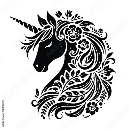 Unicorn Silhouette with Floral Mane
