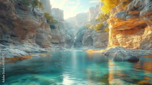 A tranquil scene of a narrow canyon with a clear blue pool of water at the bottom. The sun shines through the canyon walls, casting warm light on the rocks and trees.