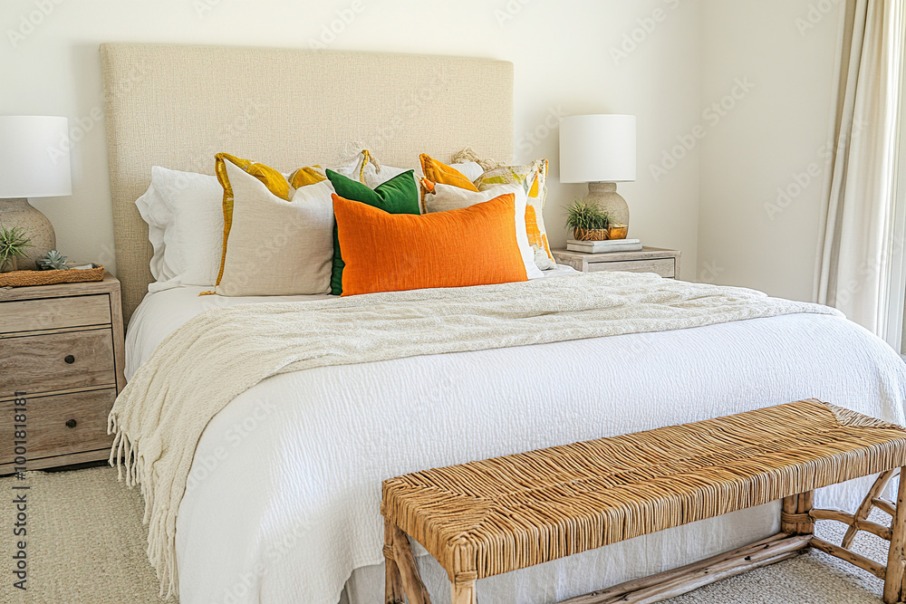 Φωτογραφία A bright and airy bedroom with white walls, soft lighting from pendant lamps above the bed, an olive green wooden bench at one end of it, and a cream-colored headboard