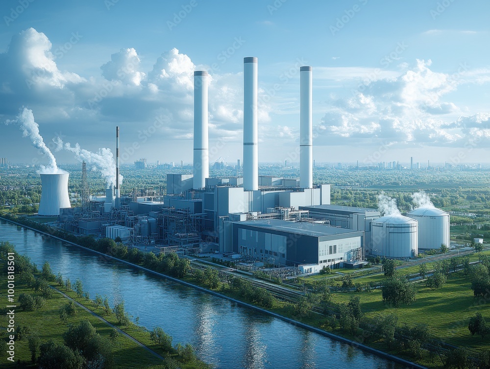 Aerial view of a large nuclear power plant with six white chimneys and green fields on a clear sunny day Aerial view of a large nuclear power plant with six white chimneys and green fields on a clear sunny day
