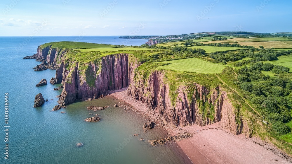 Obraz premium Rugged Coastal Cliffs with Lush Meadows and a Tranquil Beach