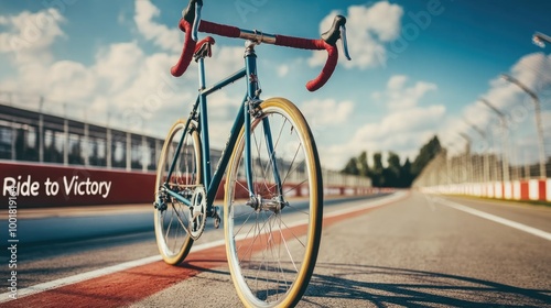 Vintage bicycle with red handlebars on a sunny racing track, emphasizing endurance and speed in sport