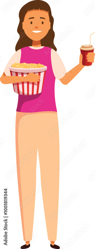 Young woman holding popcorn bucket and soda watching movie in cinema hall vector cartoon illustration Young woman holding popcorn bucket and soda watching movie in cinema hall vector cartoon illustration