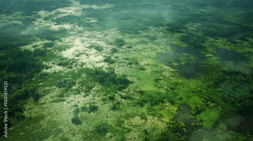 Aerial View of Lush Green Wetlands with Reflective Water Aerial View of Lush Green Wetlands with Reflective Water