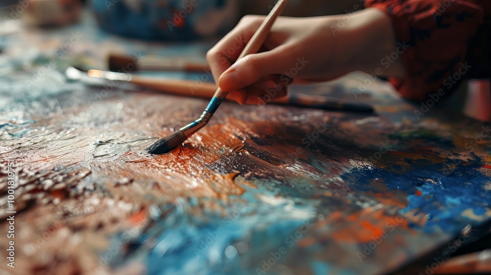 Close-up of an artist's hand mixing paint on a palette. Close-up of an artist's hand mixing paint on a palette.