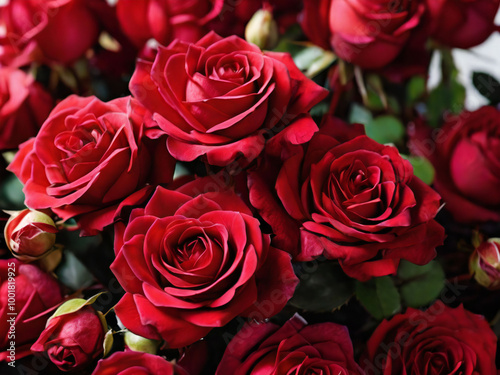 Close-up of a bouquet of crimson roses