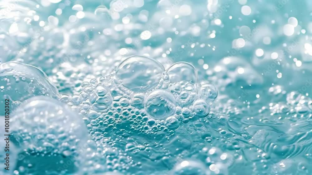 Soap foam with bubbles fly and burst on blue background. Detergent foam bubble on water, soap sud. Face cleansing mousse smudge, shower gel, hair shampoo foam smear texture. Beauty, clean and laundry