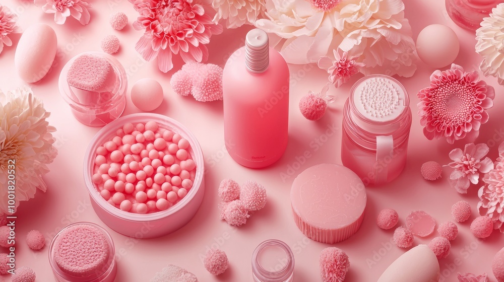 Pink bath products with flowers on pastel background Pink bath products with flowers on pastel background