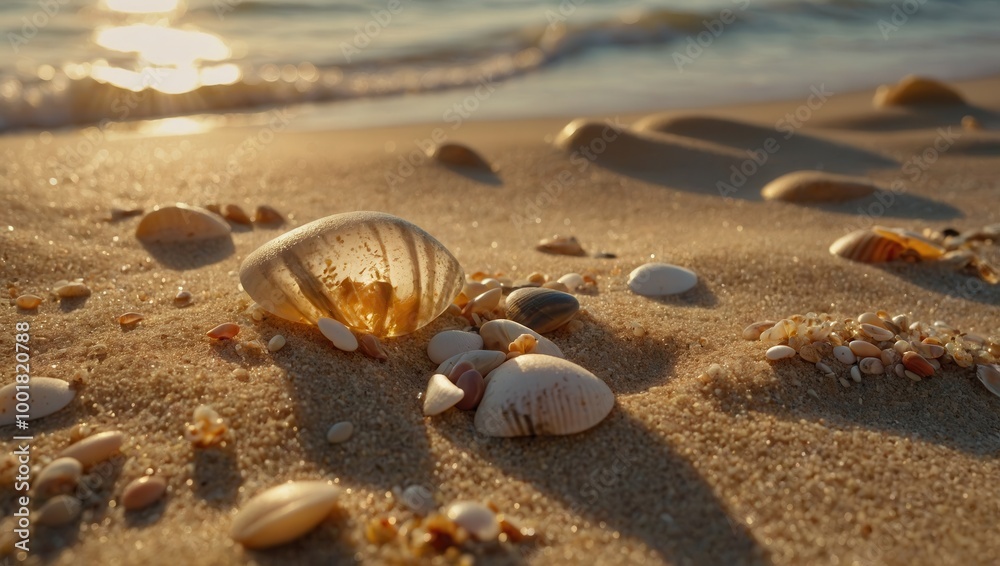 Seaside at sunrise or sunset with scattered seashells and soft lighting Seaside at sunrise or sunset with scattered seashells and soft lighting