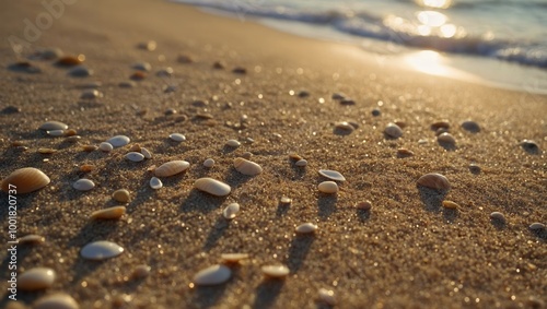 Close-up of beach sand at sunset with seashells scattered across