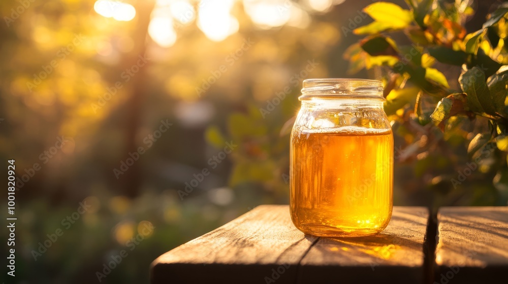 Honey jar in sunny garden. Cozy outdoor background Honey jar in sunny garden. Cozy outdoor background