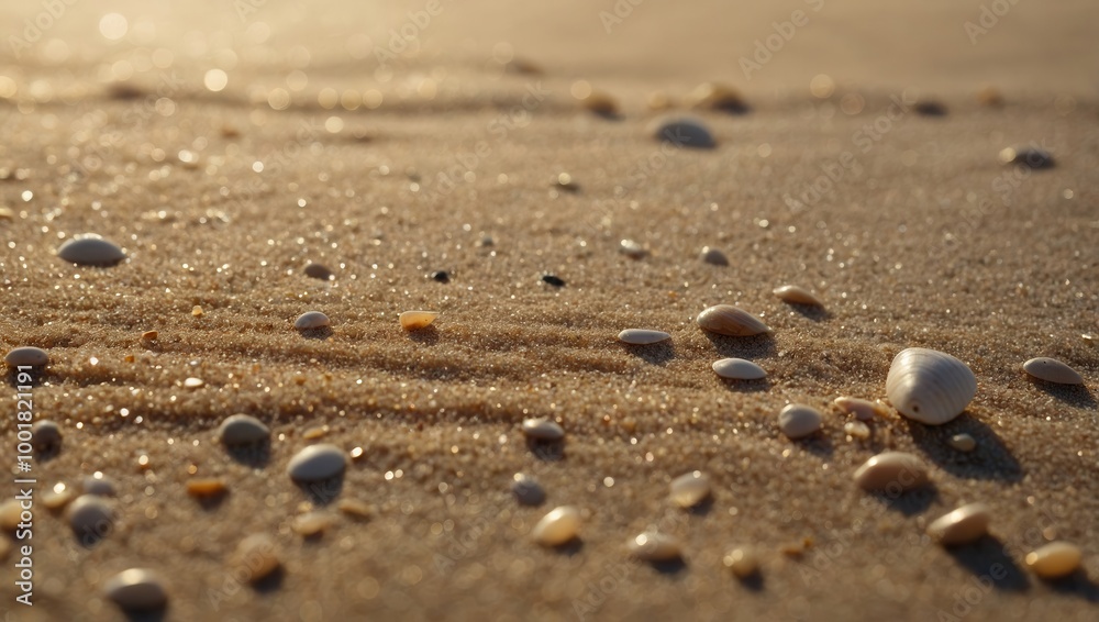 Close-up of sandy beach with scattered seashells, no people visible Close-up of sandy beach with scattered seashells, no people visible