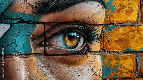 A close-up of a colorful graffiti mural on a brick wall, depicting a woman's eye with vibrant blue and yellow tones.