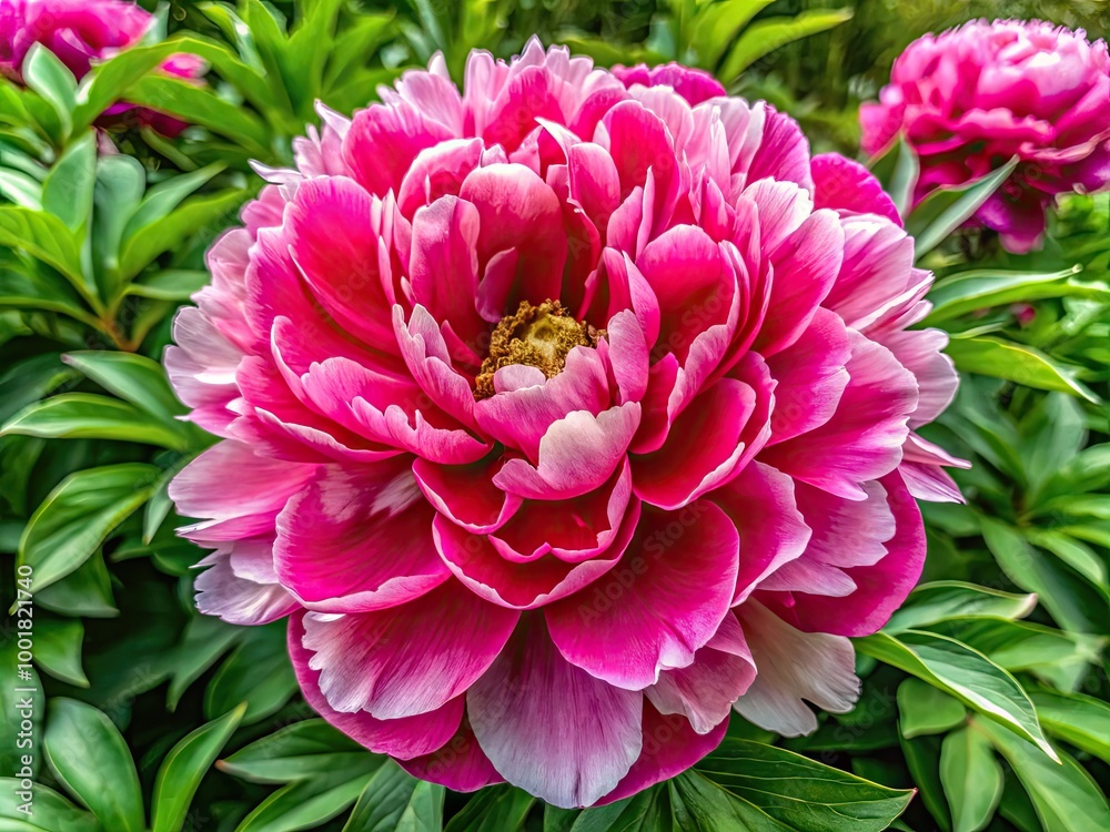 Large Pink Crimson Red Peony Flower in Bloom with White Borders and Green Leaves Close-Up View Large Pink Crimson Red Peony Flower in Bloom with White Borders and Green Leaves Close-Up View