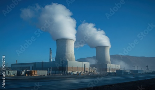 Nuclear power plant iwith steam rising from cooling towers on a clear daytime sky