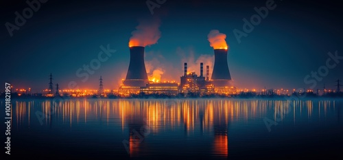 Night view of a power plant with glowing towers and dome reflecting in water