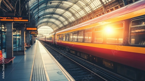 Vibrant Train Station Platform Bathed in Warm Afternoon Light