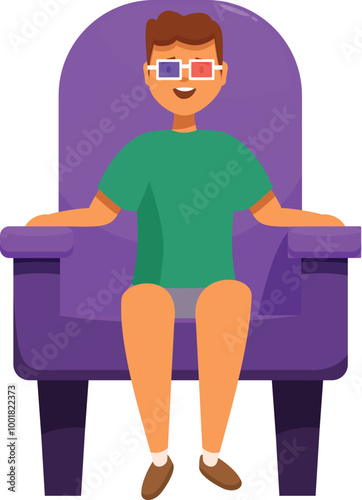Young man is enjoying a movie in a comfortable cinema chair while wearing 3d glasses