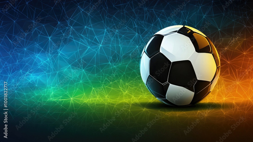 Naklejka premium Vibrant soccer ball on geometric gradient background, sport concept
