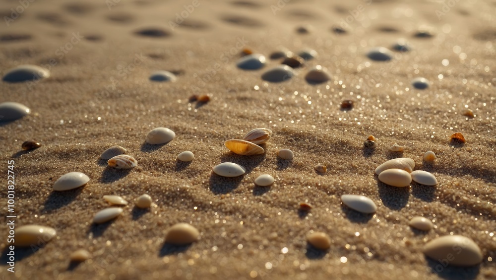 Close-up of sandy beach with small round shells, warm lighting Close-up of sandy beach with small round shells, warm lighting