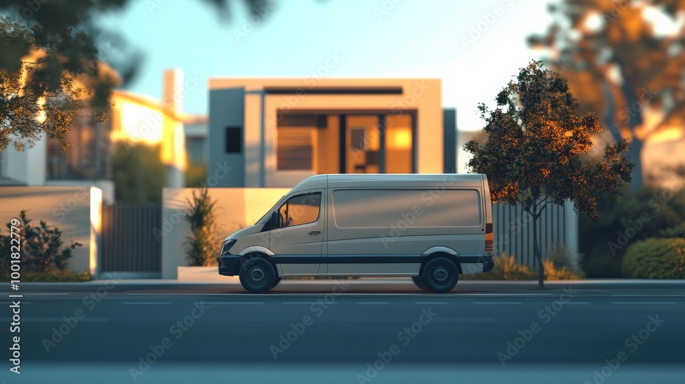 Obraz premium Modern Suburban House and Delivery Van Scenery