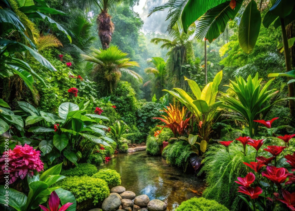 Lush Greenery and Vibrant Flora in a Serene Natural Habitat with Exotic Plant Life Displayed