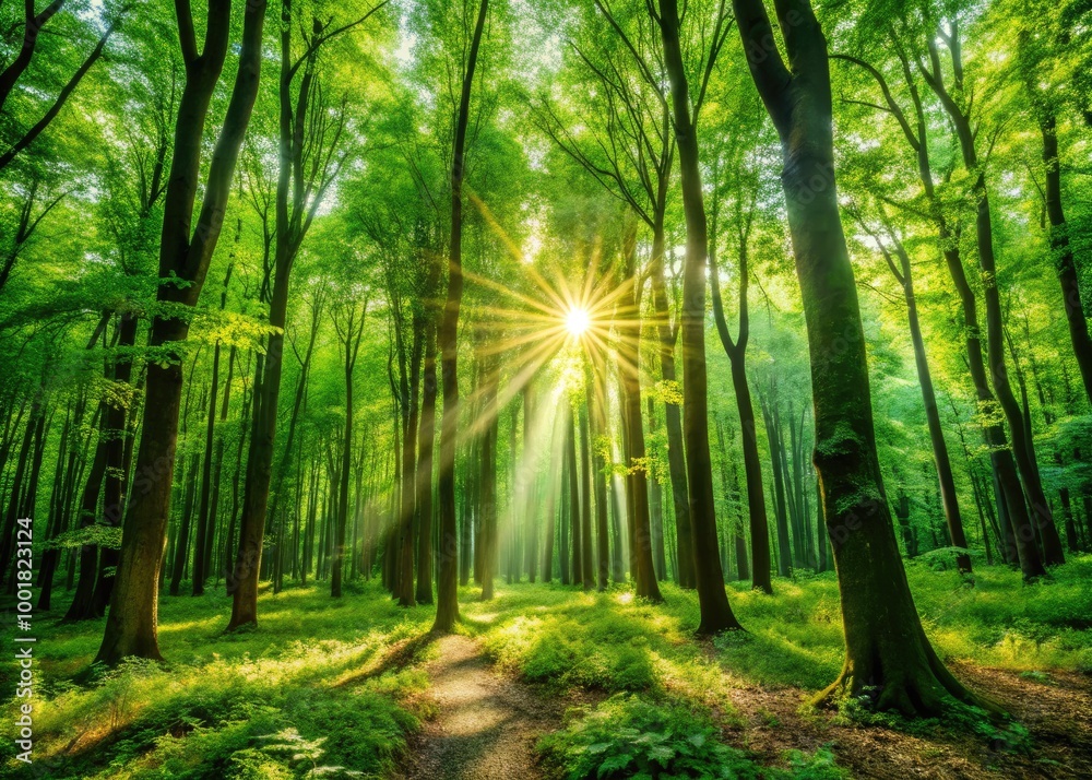Obraz premium Lush Green Forest Trees with Sunlight Filtering Through Leaves Creating a Serene Natural Atmosphere