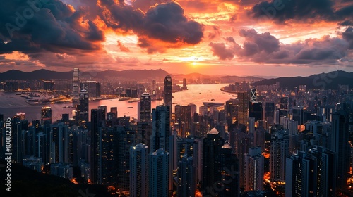 A stunning view of a city skyline with a dramatic sunset in the background.