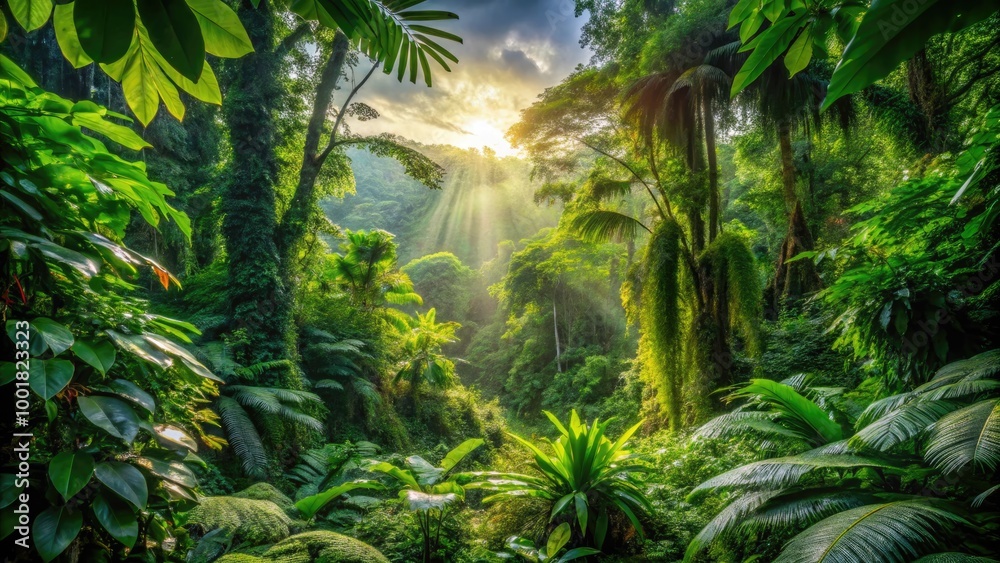 Lush Green Jungle Scenery with Dense Foliage, Sunlight Filtering Through Tropical Trees and Vines Lush Green Jungle Scenery with Dense Foliage, Sunlight Filtering Through Tropical Trees and Vines