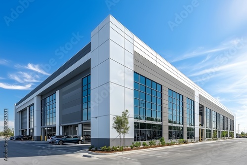 Modern Warehouse and Car Service Building Design for Logistics and Cargo Transportation Under Clear Blue Sky