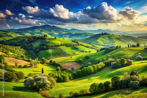 Lush Green Landscape of Lusiana with Rolling Hills, Vibrant Flora, and Serene Blue Sky Above