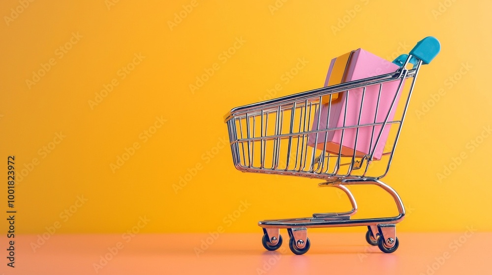 Shopping cart with a pink gift box on yellow background Shopping cart with a pink gift box on yellow background