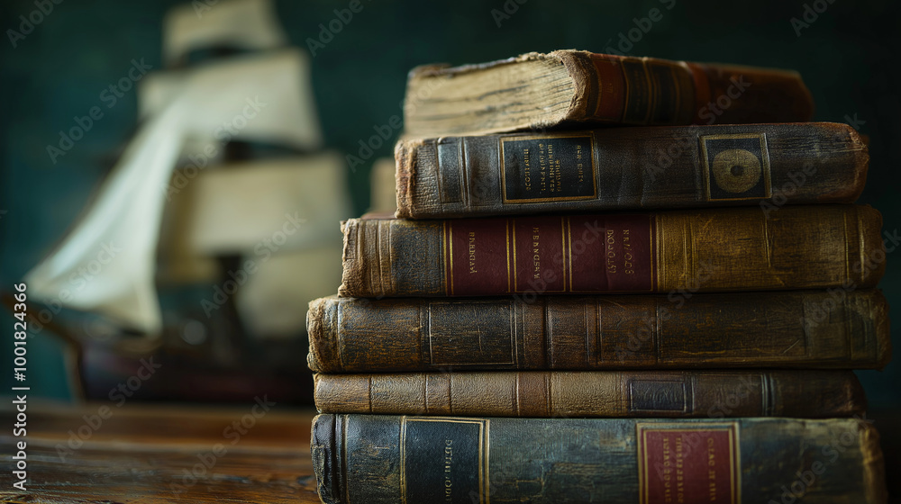 Columbus in History Books, a stack of books on Columbus and his voyages, with copy space, Columbus Day Columbus in History Books, a stack of books on Columbus and his voyages, with copy space, Columbus Day