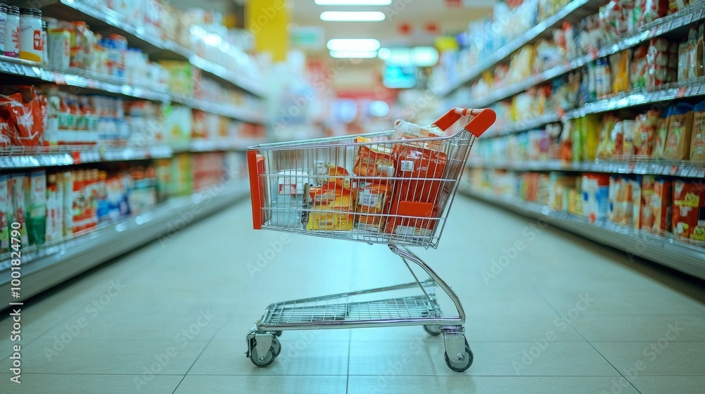 Shopping cart filled with groceries in a supermarket aisle Shopping cart filled with groceries in a supermarket aisle