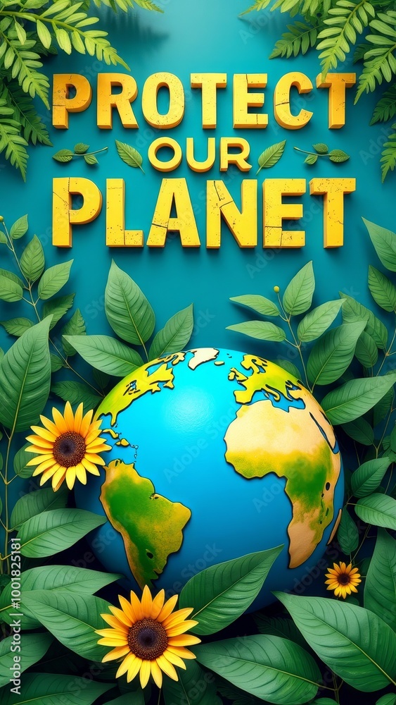 Obraz premium Text Protect Our Planet with Green Leaves and a Globe in Clean Typography