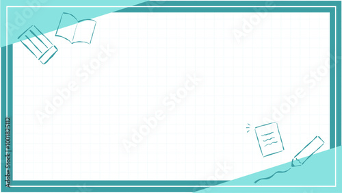 水色の手描きのゆるい文房具付き方眼紙背景枠