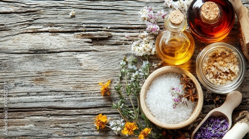 Natural spa ingredients on rustic wooden table