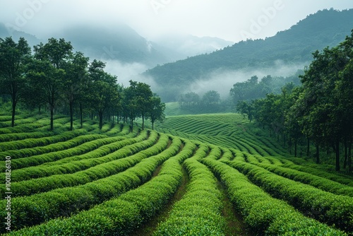 Lush green tea plantation on a misty morning, showcasing rows of vibrant tea bushes extending towards distant, cloud-covered mountains.