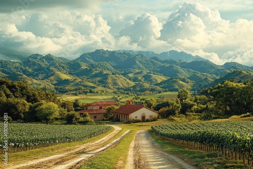 A dirt road winds through a vineyard towards a farmhouse in a valley with rolling hills and mountains in the background.