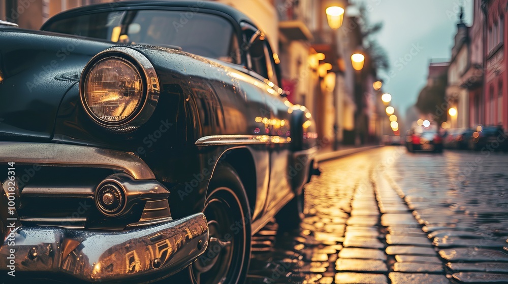 Fototapeta premium A classic car parked on a cobblestone street at dusk, with the headlights reflecting the warm glow of the streetlights.