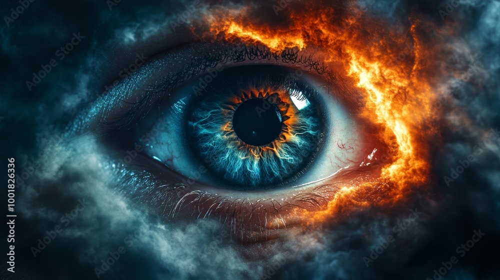 A close up of a blue eye with a red flame in the center A close up of a blue eye with a red flame in the center