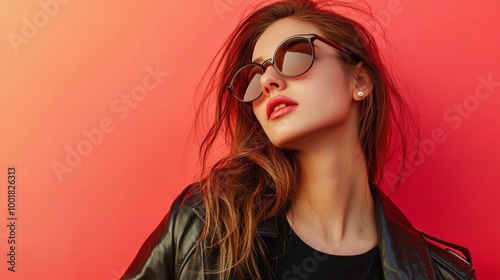 Stylish woman in sunglasses posing against pink background